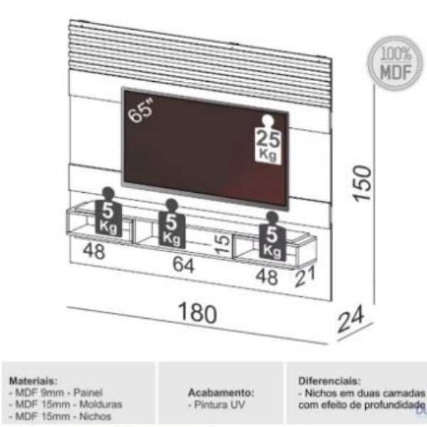 PAINEL DALLA COSTA SUSPENSO PA21 1,80 MTS COM NICHOS COR: OFF WHITE / FREIJO
