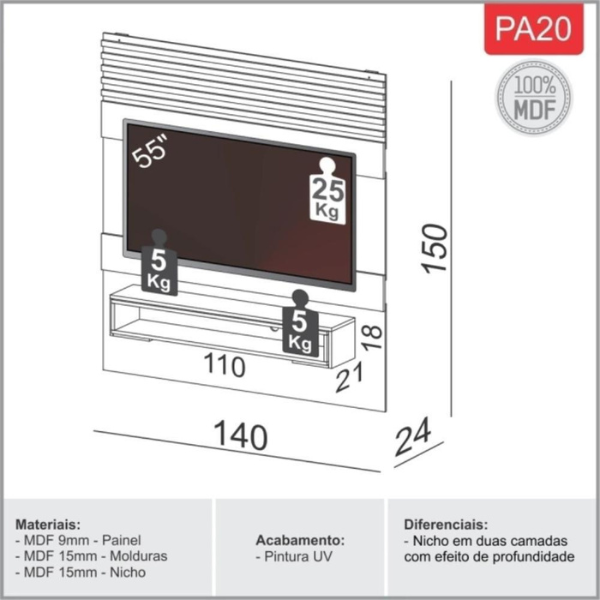PAINEL DALLA COSTA SUSPENSO PA20 WJ 1,40 MTS COM NICHO COR: OFF WHITE / FREIJO