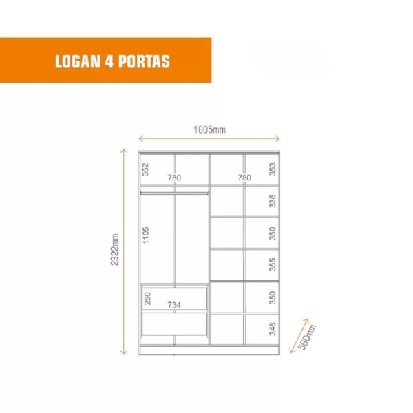 ROUPEIRO MAMBEL LOGAN 4 PORTAS ABRIR COR: BRANCO / OLMO ITALIANO 2,322ALTX1,60LARGX0,56