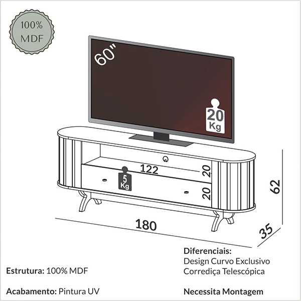 RACK CURVO DALLA COSTA 1,80M 1 GAVETA COR FREIJO / PRETO FOSCO