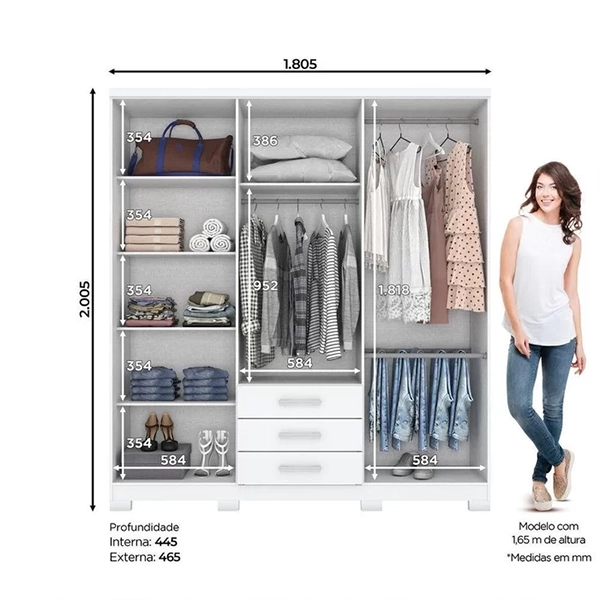ROUPEIRO HENN CAJU 6 PORTAS DE ABRIR COR BRANCO / BRANCO