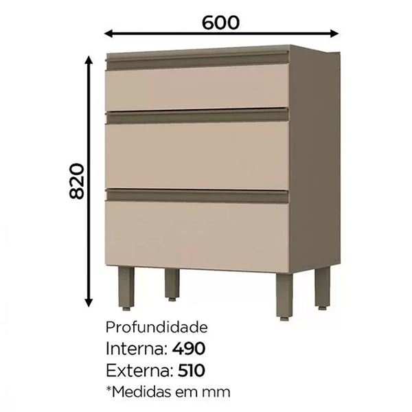 BALCÃO HENN CONNECT 3 GAVETAS DUNA/CRISTAL