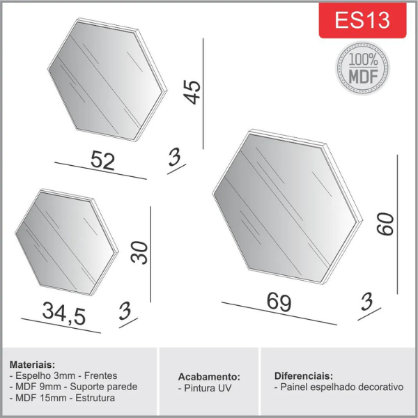 KIT PAINEL DECORATIVO DALLA COSTA ES13 WW HEXAGONO (ES1 -ES2 E ES3) OFF WHITE ESPELHO