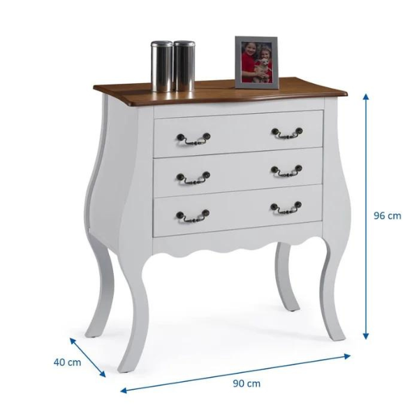 COMODA LINZ BOMBE LARGA 3 GAVETAS COR: 011B BRANCA COM 024B IMBUIA GLAZER REF.: 1023