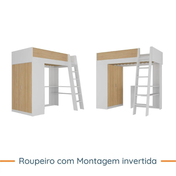 CAMA ALTA MAMBEL MEZZO COM ESCRIVANINHA+2 PORTAS COR: BRANCO/OLMO