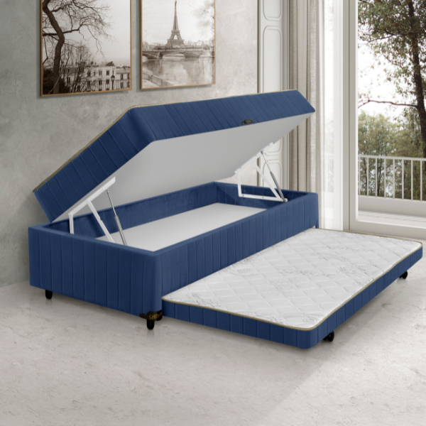 COLCHAO SENSOR BOX COM AUXILIAR MAGNIFICO 0,88X0,60X1,88 SUED AZUL NA LATERAL COM MOLAS COD:25105/13