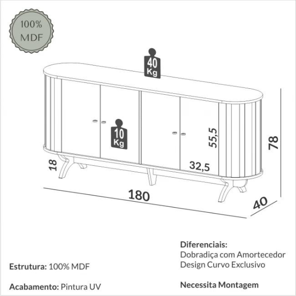 BALCÃO DALLA COSTA CURVO TB296 1,80 CM COM 4 PORTAS COR: JPF FREIJO PRETO FOSCO