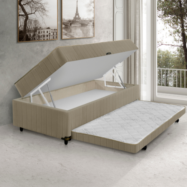 COLCHAO SENSOR BOX COM AUXILIAR MAGNIFICO 0,88X0,60X1,88 SUED BEGE NA LATERAL COM MOLAS COD:25105/5