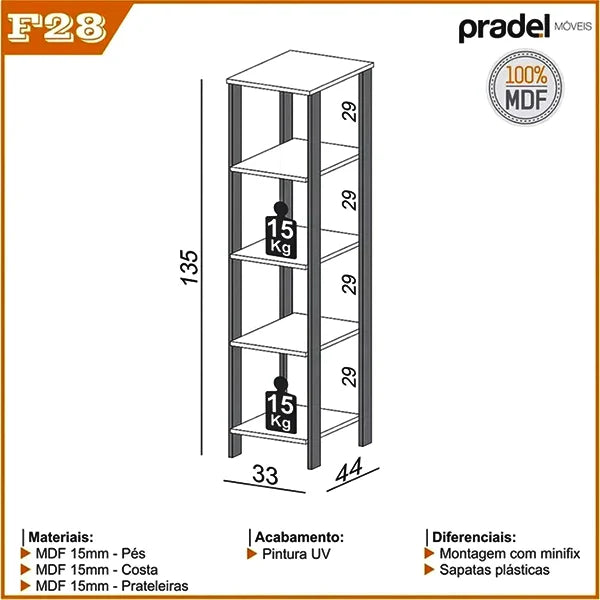 ESTANTE DALLA COSTA F28 TORRE INDUSTRIAL 0,33X1,35 CM COR: JPF FREIJO PRETO FOSCO