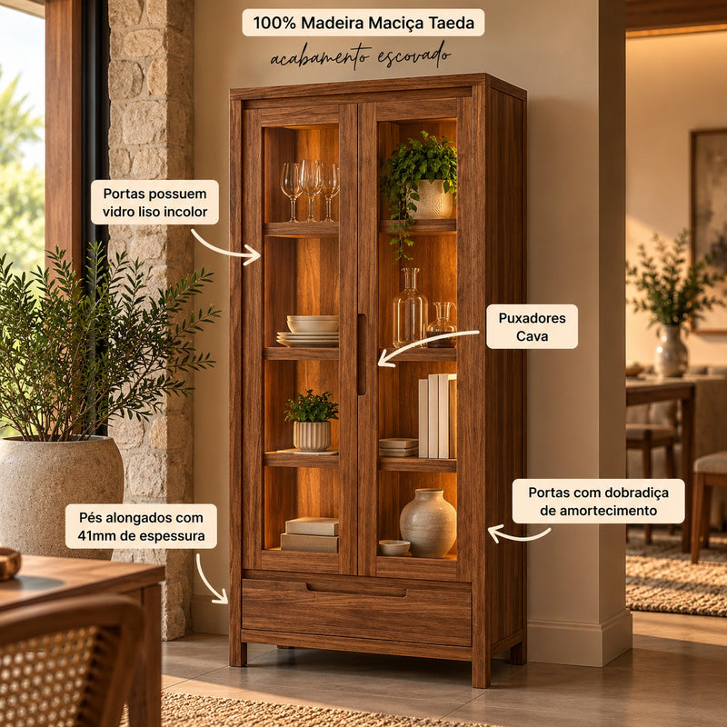 CRISTALEIRA FINESTRA NATURE 2 PORTAS 1 GAVETA COR: RUSTICO ESCURO REF.: 1554NE